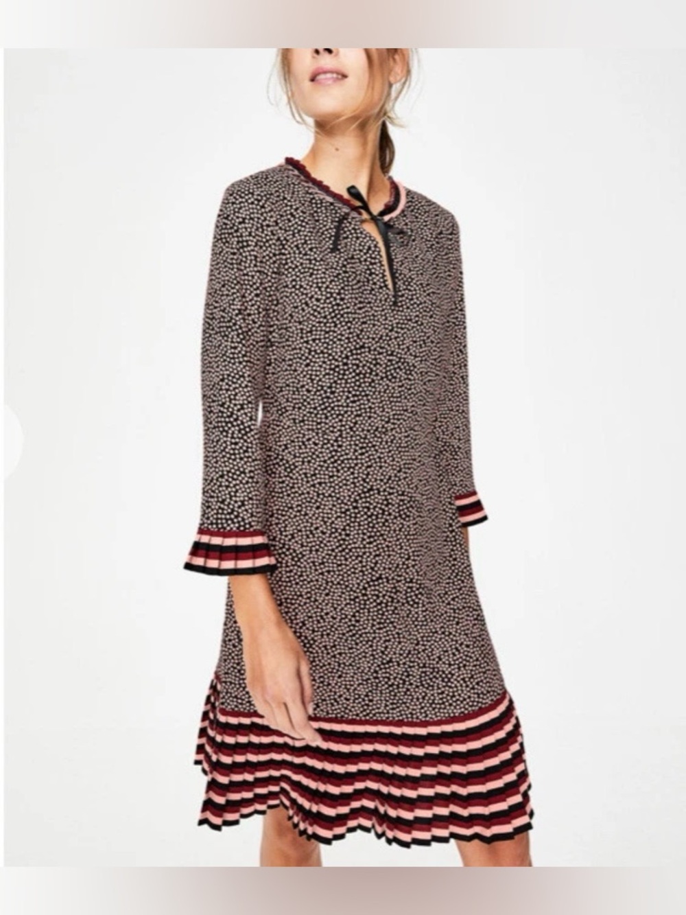 Boden Lara Pleat Detail Dress - NECK BOW - PINK BLACK SPOT - SIZE 10 L